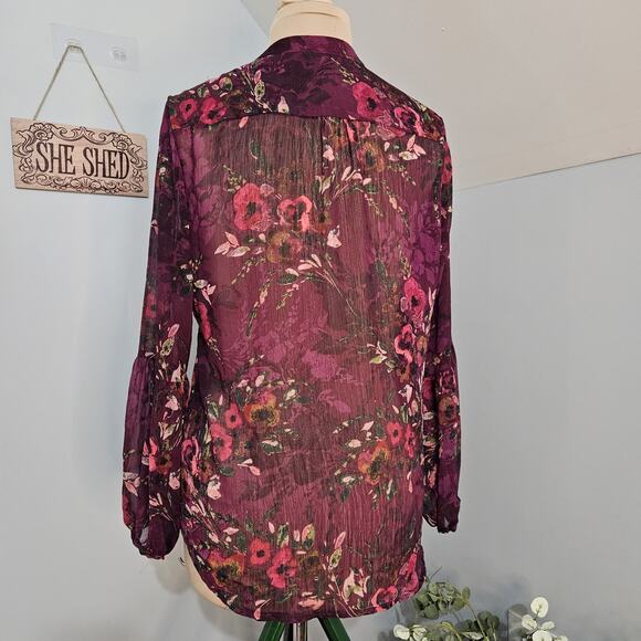 Kut from the Kloth Purple Floral Semi Sheer Long Sleeve Boho Top Womens Large - Picture 4 of 15